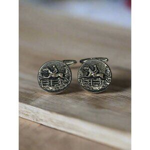 Silver Tone Equestrian Cross Country Horse Racing Vintage Men Cufflinks